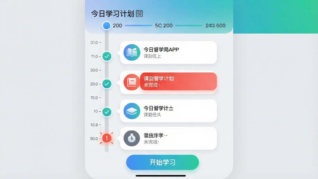 主体:课剑督学局APP智能计划页面,顶部显示“今日学习计划”与时间轴,每个时段对应不同学科图标。布局:时间轴纵向排列,左侧时间刻度,右侧任务卡片,底部悬浮按钮“开始学习”。排版:卡片式布局,圆角设计,重点任务标红。风格:现代简约,浅灰背景,蓝绿渐变主色。细节:时间轴节点有打卡圆点,已完成任务打勾,未完成任务闪烁提醒。画质:高分辨率,图像清晰,无多余元素。