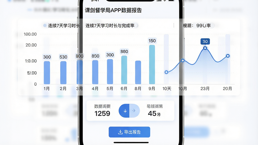主体:课剑督学局APP数据报告页面,屏幕显示柱状图与折线图,展示连续7天学习时长与完成率。布局:图表居中,下方为数据摘要卡片,左右滑动可切换周期。排版:图表配色柔和,坐标轴清晰,数据标签醒目。风格:商务数据可视化风格,白底蓝图,简洁专业。细节:柱状图顶部标注具体数字,折线图有峰值点突出,底部有“导出报告”按钮。画质:高清晰度,干净整洁,无冗余装饰。