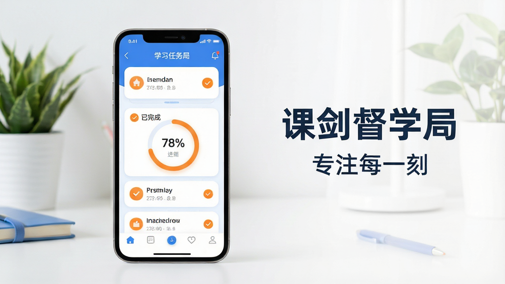 主体:课剑督学局APP界面展示,手机屏幕中央显示学习任务打卡清单与进度环,背景是整洁书桌与绿植。布局:手机居中偏左,右侧留白配文字“课剑督学局”与“专注每一刻”标语。排版:界面卡片圆润,任务列表清晰,进度环醒目。风格:清新扁平化,蓝白主色调,点缀橙色激励图标。细节:任务卡片有“已完成”对勾,进度环显示78%,底部导航栏图标精致。画质:4K高清,细节丰富,干净无多余元素。