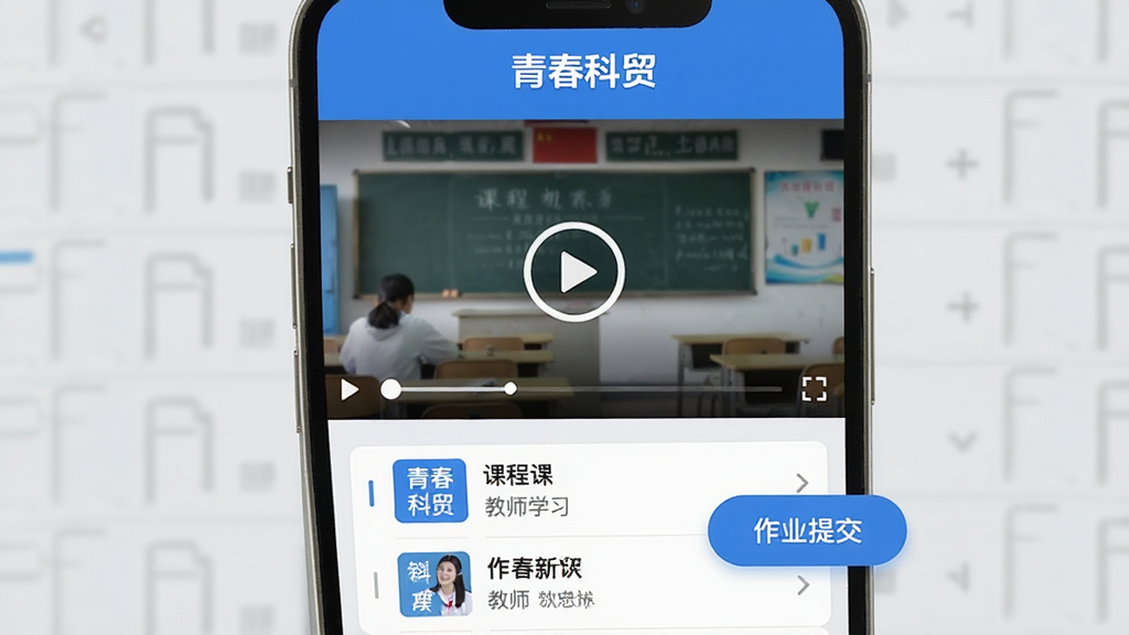 主体:“青春科贸”App的在线学习功能界面。布局:手机屏幕上方为视频播放窗口,下方为课程列表和作业提交按钮。排版:视频区域占据半屏,下方功能按钮清晰。风格:简洁实用,蓝白配色。细节:视频窗口有播放按钮,课程列表显示课程名称和教师信息,背景为浅灰色。画质:高清、干净、无多余元素。