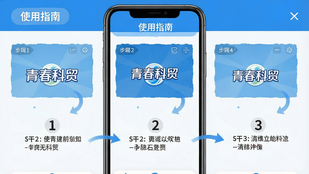 主体:手机屏幕上显示“青春科贸”App的操作教程截图。布局:屏幕分步显示操作步骤,每步有箭头指示。排版:步骤清晰,文字说明简洁。风格:教学风格,蓝色背景。细节:屏幕上有“使用指南”字样,步骤1、2、3。画质:高清、干净、无多余元素。