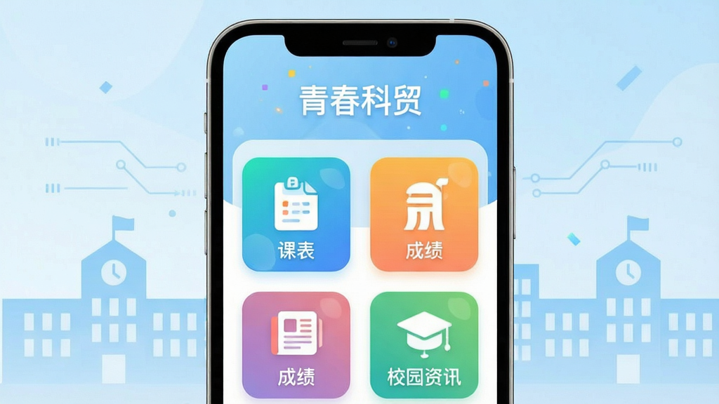 主体:一款名为“青春科贸”的智慧校园App的界面预览图。布局:手机屏幕居中展示,界面清晰显示“课表”、“成绩”、“校园资讯”等核心功能模块图标。排版:图标排列整齐,色彩明快,整体界面简洁大方。风格:现代扁平化设计,充满青春活力,带有科技感。细节:屏幕中显示“青春科贸”字样,背景为淡蓝色渐变,有校园建筑剪影。画质:高清、干净、无多余元素。