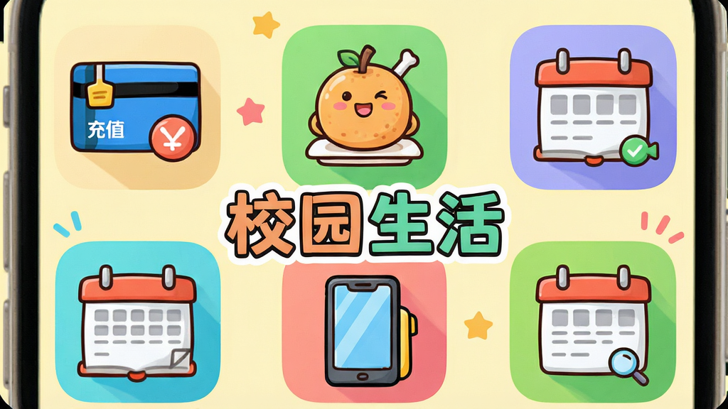 主体:“青春科贸”App的校园生活服务功能展示。布局:手机屏幕展示校园卡充值、食堂点餐、图书馆预约等图标。排版:图标以九宫格形式排列,色彩鲜艳。风格:活泼明快,卡通风格图标。细节:屏幕中央有“校园生活”字样,背景为淡黄色。画质:高清、干净、无多余元素。