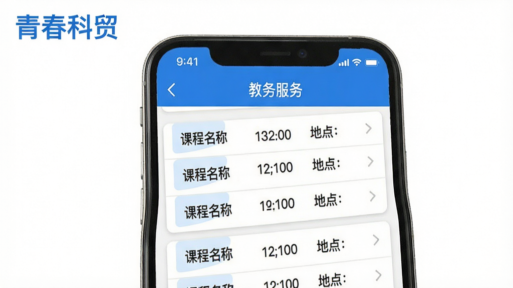 主体:“青春科贸”App的教务服务功能界面。布局:手机屏幕上显示课程表列表,包含课程名称、时间、地点。排版:列表清晰,顶部有“教务服务”标题栏。风格:清爽简洁,蓝色主色调。细节:屏幕左上角显示“青春科贸”字样,背景为纯白色。画质:高清、干净、无多余元素。