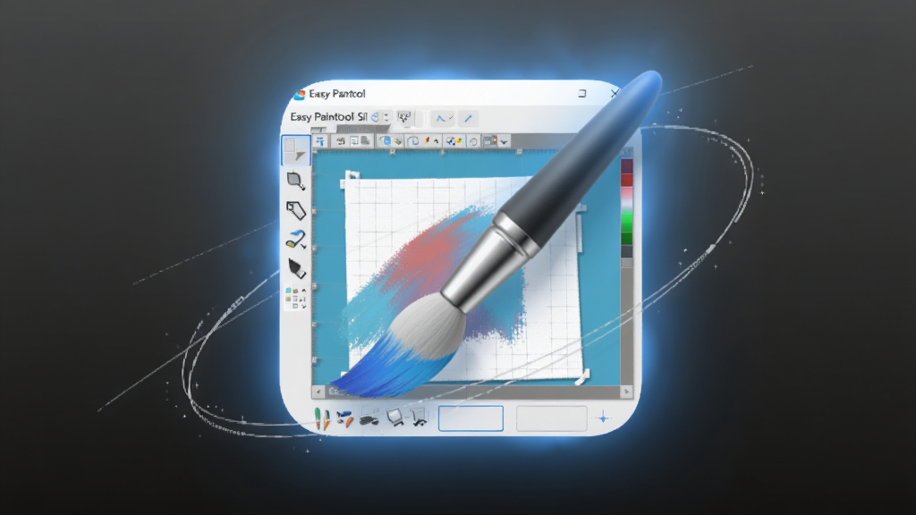 主体为Easy PaintTool SAI软件的启动界面图标与画笔工具的3D混合体,背景为深灰色渐变,软件界面悬浮于中央,周围环绕着柔和的蓝色光效与细腻的白色线条,整体排版居中对称,融合科技感与艺术感,风格简约现代,细节包含笔刷纹理与画布网格,画质高清干净,无多余元素
