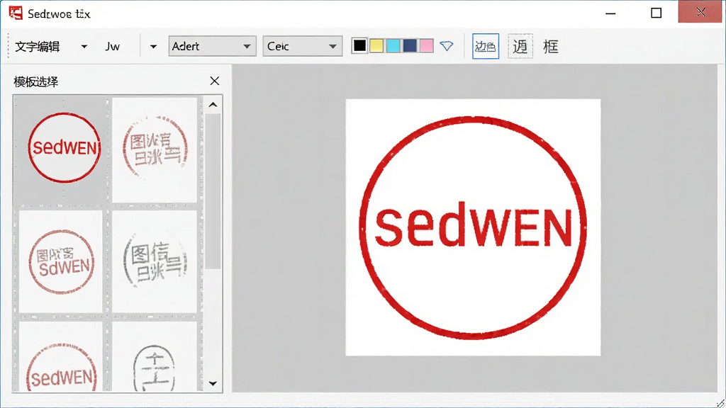 sedwen图章制作主界面预览图,左侧为模板选择区,右侧为实时预览画布,顶部工具栏包含文字编辑、字体设置、颜色调整、边框样式选项,整体布局简洁明了,采用浅灰色背景,Windows风格窗口,画布中显示一个红色圆形公章样稿,文字清晰,界面干净无多余元素,画质高清。