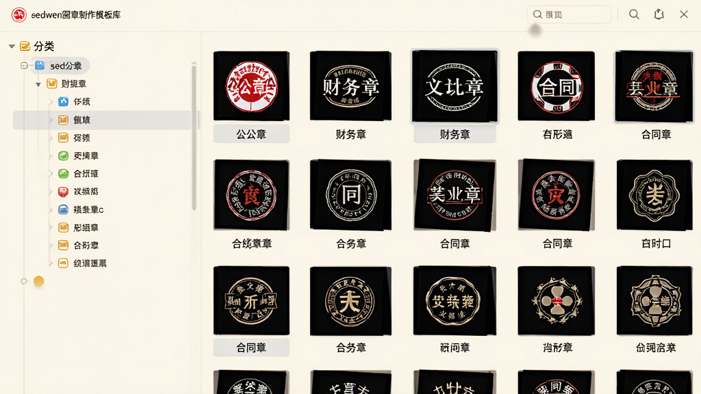 sedwen图章制作模板库界面,左侧显示分类树状列表,右侧以网格形式展示各种印章模板缩略图,包括圆形公章、椭圆财务章、方形合同章等,每个缩略图下方标注名称,界面采用米白色背景,图标清晰,布局整齐,画质细腻,干净无多余元素。