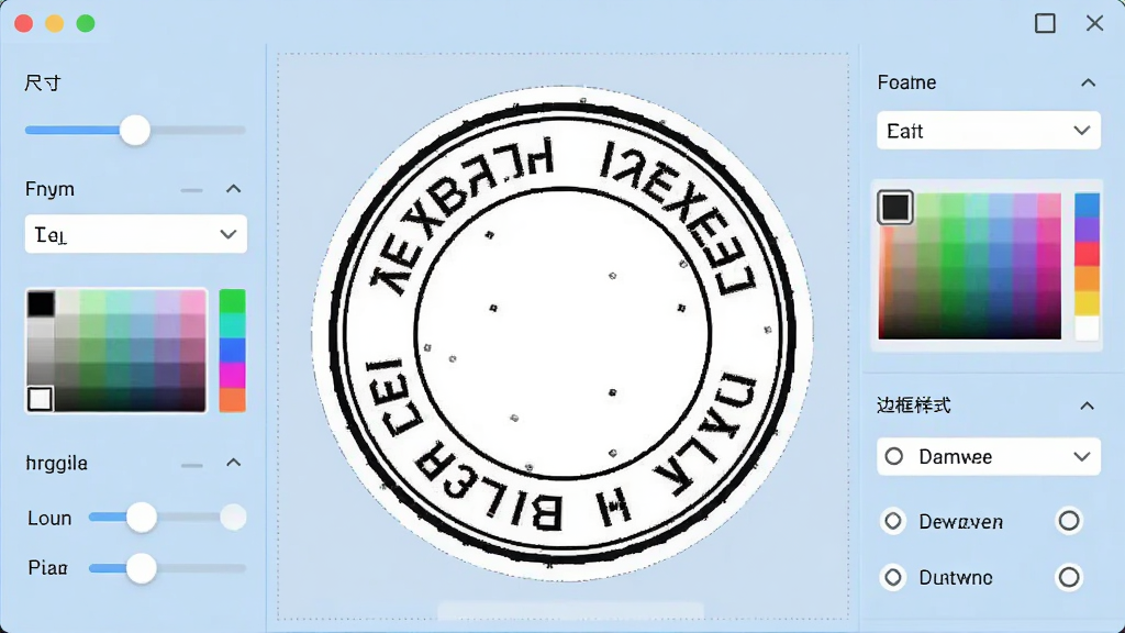 sedwen图章制作自定义编辑界面,中间为圆形图章编辑区,显示弧线排列的文字,四周环绕属性面板,包含尺寸调节滑块、字体下拉菜单、颜色选择器、边框样式选项,界面以淡蓝色为主调,控件排列有序,预览清晰,画质细腻,干净无多余元素。