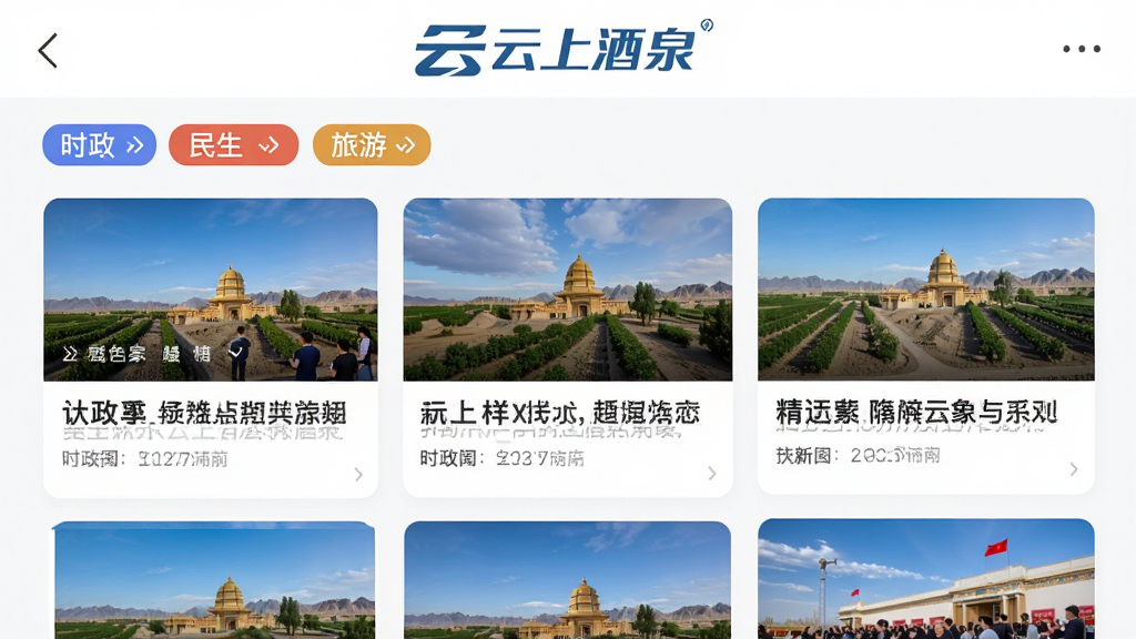 云上酒泉APP新闻资讯页面预览图,页面采用瀑布流布局,顶部是“云上酒泉”品牌标识,下方是图文并茂的新闻卡片,包含时政、民生、旅游等分类标签,色彩鲜明,排版整洁,画质细腻,体现官方媒体平台的权威性与现代感,无多余元素。