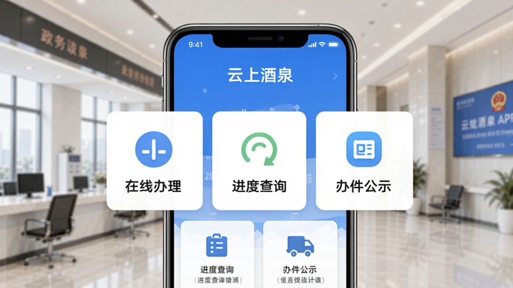 云上酒泉APP政务办事功能界面示意图,屏幕中央展示“在线办理”、“进度查询”、“办件公示”等模块,背景为简洁的政务大厅场景,风格正式有序,图标清晰,文字标签明确,画质干净明亮,突出高效便捷的移动办事体验,无多余元素。
