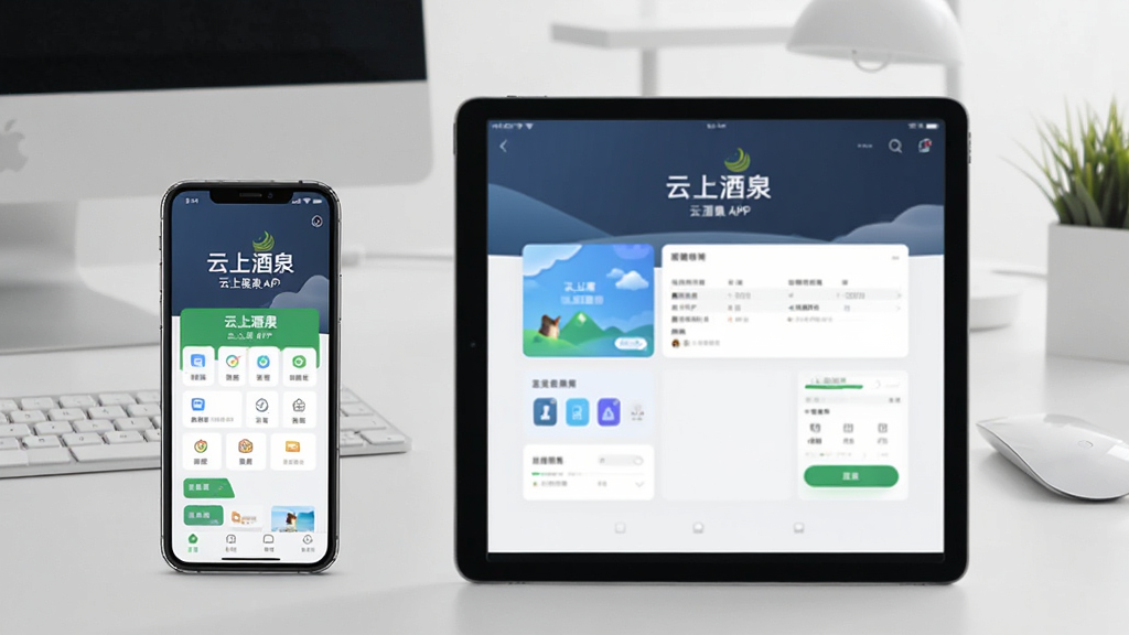 一张展示用户在不同设备上使用云上酒泉APP的场景图,左侧是智能手机,右侧是平板电脑,屏幕中均清晰显示“云上酒泉”的界面元素,背景为简洁的工作台,强调多设备适配与稳定运行,画面干净整洁,画质清晰,无多余元素。