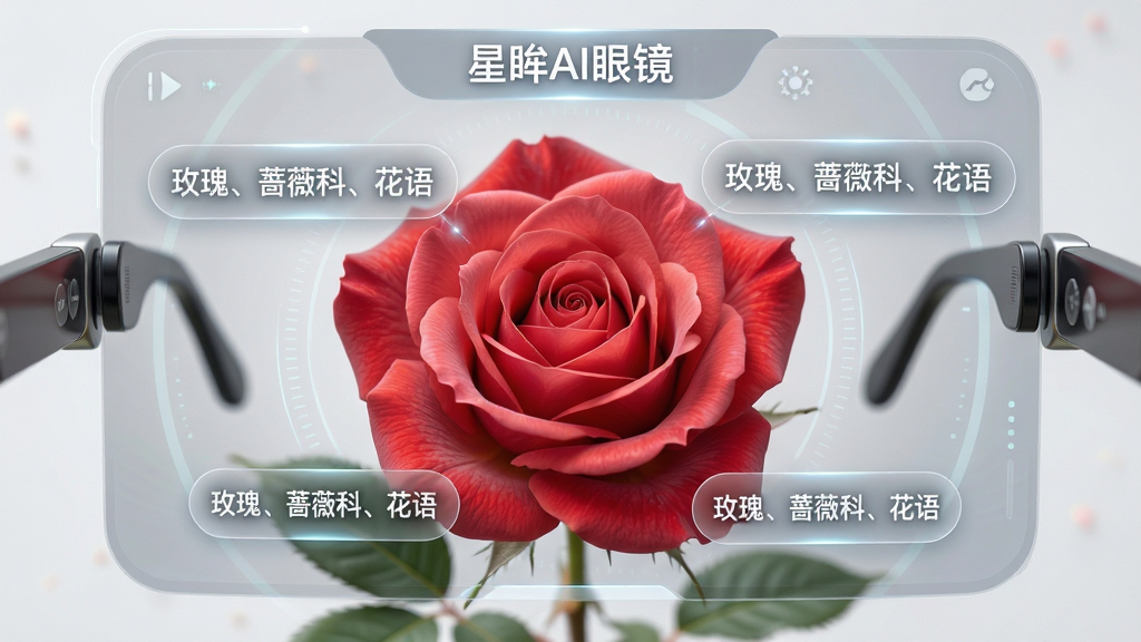 主体:“星眸AI眼镜”界面特写,画面中央是一朵鲜艳的玫瑰花,周围有半透明的信息标签显示“玫瑰、蔷薇科、花语”等。布局:玫瑰花居中,界面元素环绕分布;排版:标签采用圆角矩形,文字清晰;风格:写实与科幻结合;细节:花瓣纹理清晰,界面光影自然;画质:高清单反级画质,干净,无多余元素。