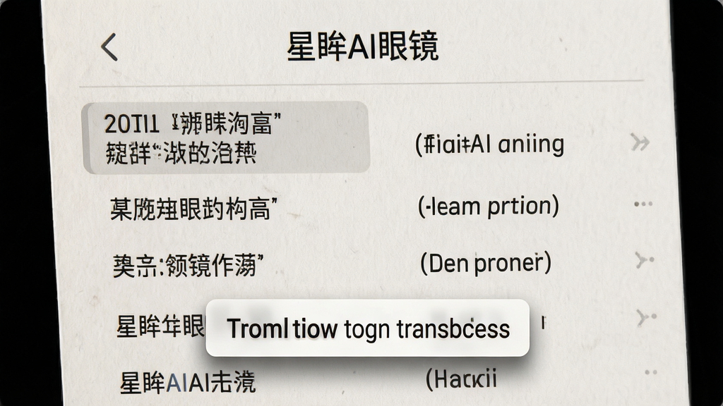 主体:“星眸AI眼镜”的翻译界面,显示一段中文菜单被识别并翻译成英文。布局:菜单占据画面中央,翻译结果以浮动标签显示在下方;排版:双语对照,字体清晰;风格:简洁、商务;细节:菜单纸张质感真实,翻译标签带有阴影;画质:高清,干净,无多余元素。