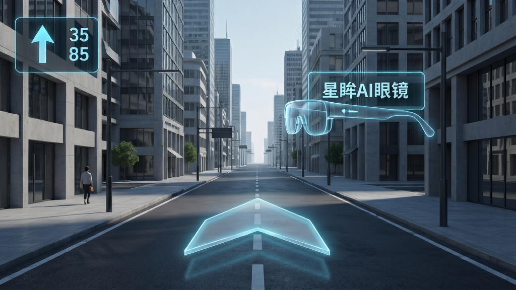 主体:城市街景中,视野前方出现半透明的AR导航箭头与“星眸AI眼镜”指引牌。布局:街道纵深感强,箭头悬浮于路面;排版:方向指示清晰,距离显示在角落;风格:未来科技感;细节:建筑轮廓清晰,箭头带有发光效果;画质:超高清,干净,无多余元素。