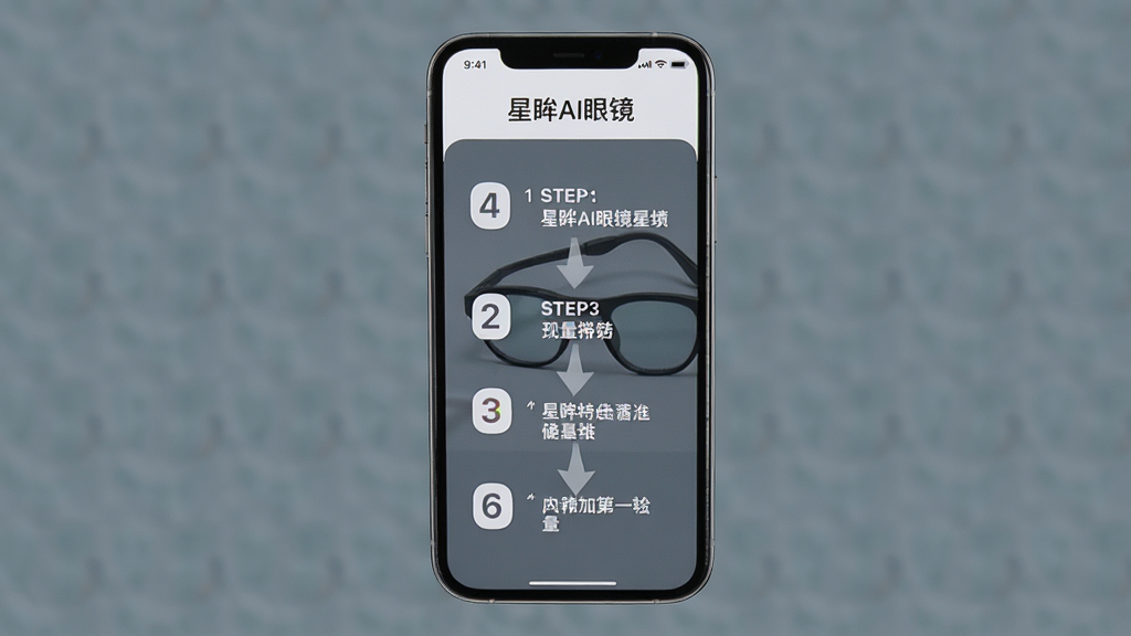主体:手机屏幕展示“星眸AI眼镜”的使用教程界面,有步骤指示箭头和说明文字。布局:手机居中,屏幕内容清晰可见;排版:步骤编号与文字说明并排;风格:简洁教学风;细节:界面图标清晰,背景为纯色;画质:高清,干净,无多余元素。