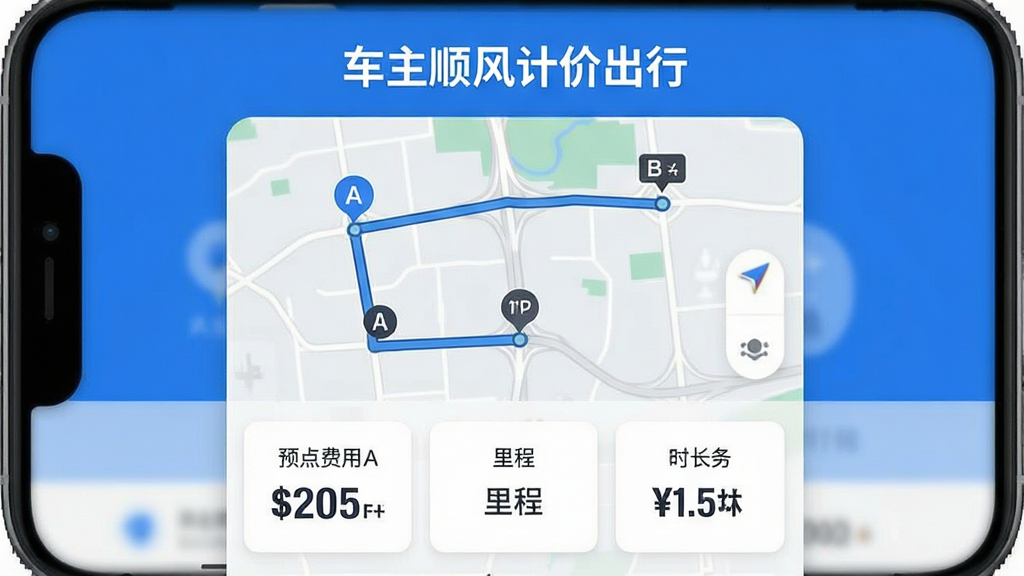 画面主体为手机APP截图风格的设计图,上方显示“车主顺风计价出行”字样,中间为起点A到终点B的路线地图,下方列出预估费用、里程、时长等数据卡片;布局左右对称,排版清晰;风格扁平化UI设计,色彩以蓝白为主;细节包括地图上的路线线条、费用数字加粗显示;画质高,干净,无多余元素。