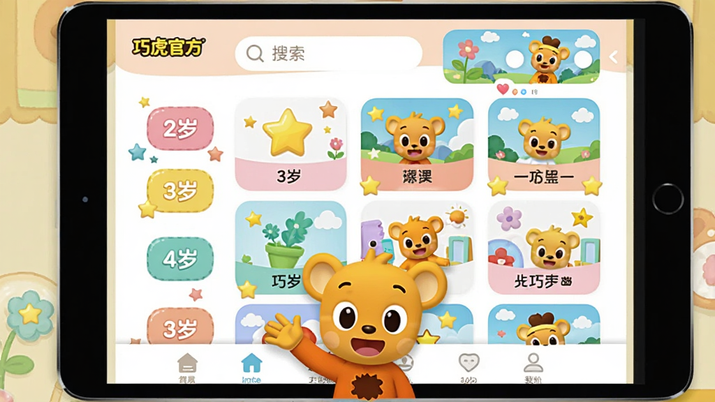 主体:巧虎官方App的分龄课程界面展示,屏幕上显示不同年龄段的课程卡片,巧虎形象在屏幕下方做欢迎手势。布局:手机或平板竖屏居中,界面清晰展示课程列表,左边是年龄标签(2岁、3岁、4岁等),右边是课程封面图。排版:界面采用宫格布局,每个课程卡片包含图标和名称,顶部有搜索栏和轮播图,底部有导航栏。风格:UI设计风格,色彩柔和,圆角矩形卡片,符合儿童应用的可爱风格。细节:屏幕中显示“巧虎官方”的Logo,课程卡片上有星星和花朵装饰,整体明亮清晰。画质:高清,干净,无多余元素。