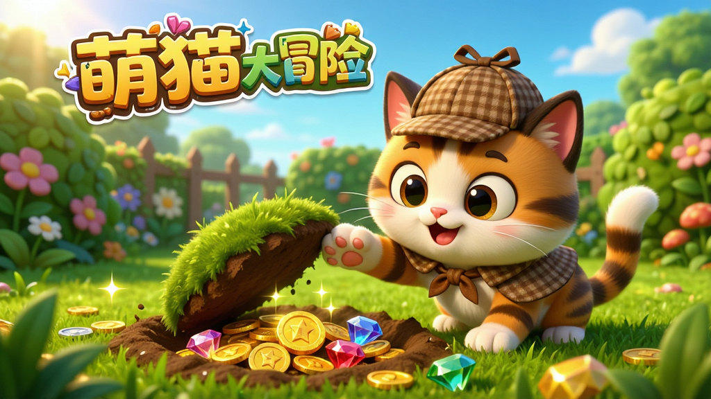 一只戴着侦探帽的卡通猫咪,正用爪子翻开一块草地,露出闪闪发光的金币与彩色宝石,背景是花园与灌木丛,阳光明媚,画面采用明亮卡通渲染风格,细节精致,画质清晰,文字“萌猫大冒险”以艺术字形式出现在顶部。