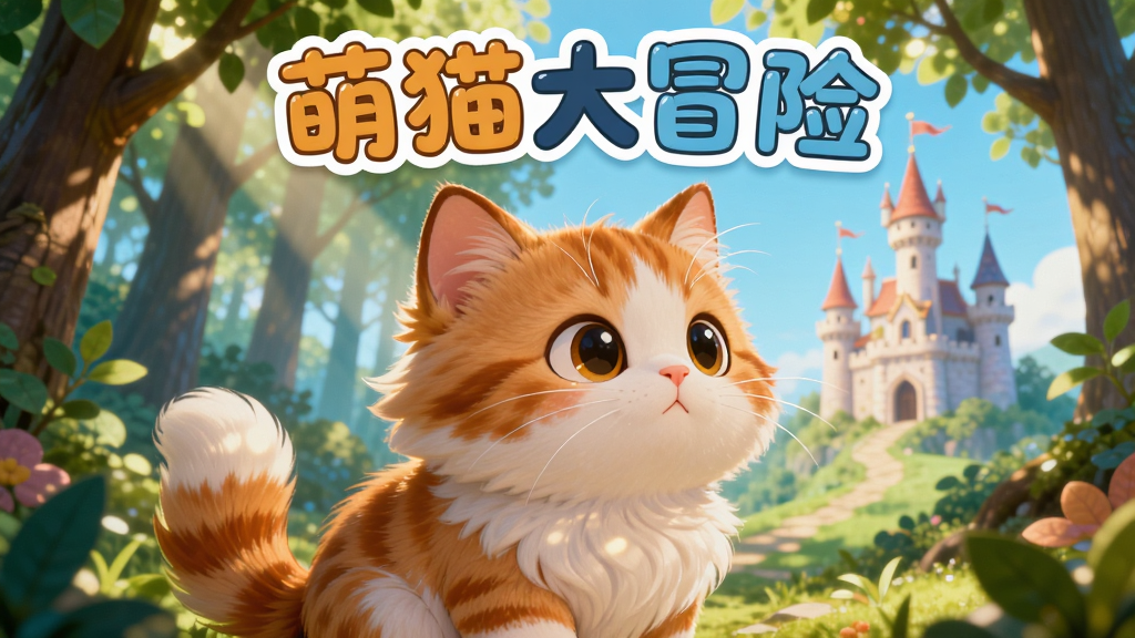 画面中央是一只毛茸茸的橘白相间的小猫,睁着大眼睛,好奇地望向远方,背景是色彩斑斓的森林与城堡,阳光透过树叶洒下斑驳光影,整体风格卡通可爱,明亮清新,细节丰富,画质干净无多余元素,文字“萌猫大冒险”置于画面顶部居中,字体圆润活泼。