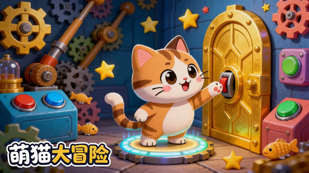 一只卡通猫咪站在一个布满齿轮、杠杆与彩色按钮的机关房间中,脚下是发光的圆形踏板,前方是一扇金色大门,猫咪伸出爪子触碰开关,周围散落着星星与小鱼干,画面明亮活泼,细节丰富,画质干净,文字“萌猫大冒险”出现在画面左下角。
