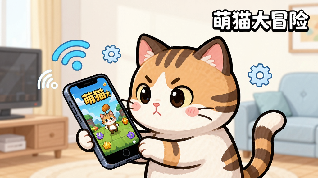 一只卡通猫咪正拿着手机玩游戏,屏幕上显示着“萌猫大冒险”的游戏画面,猫咪表情专注,周围有WiFi图标和齿轮图标,背景是简洁的室内场景,画风可爱,细节清晰,画质干净,文字“萌猫大冒险”出现在画面右上角。