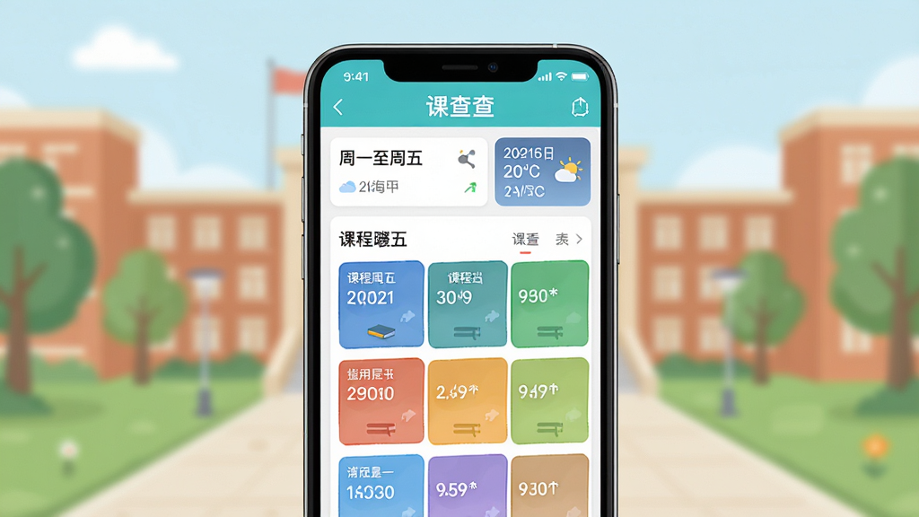 主体:课查查APP主界面展示,手机屏幕显示清晰的课程表,背景为简约校园风格。布局:手机居中,屏幕内容突出,周围留白。排版:界面元素整齐排列,课程信息用不同颜色区分。风格:扁平化设计,色彩明亮清新。细节:手机顶部显示“课查查”字样,屏幕上有“周一至周五”课程列表,日期天气小部件。画质:高清渲染,干净无多余元素。