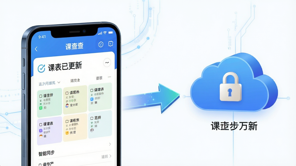 主体:课查查软件界面展示“智能同步”功能,手机与云端服务器连接图示。布局:左侧手机屏幕显示课表,右侧云端图标,中间有同步箭头。排版:图文并茂,箭头指向清晰。风格:科技感插画风。细节:手机屏幕上显示“课表已更新”,云端有锁形图标表示加密。画质:高清,干净无多余元素。