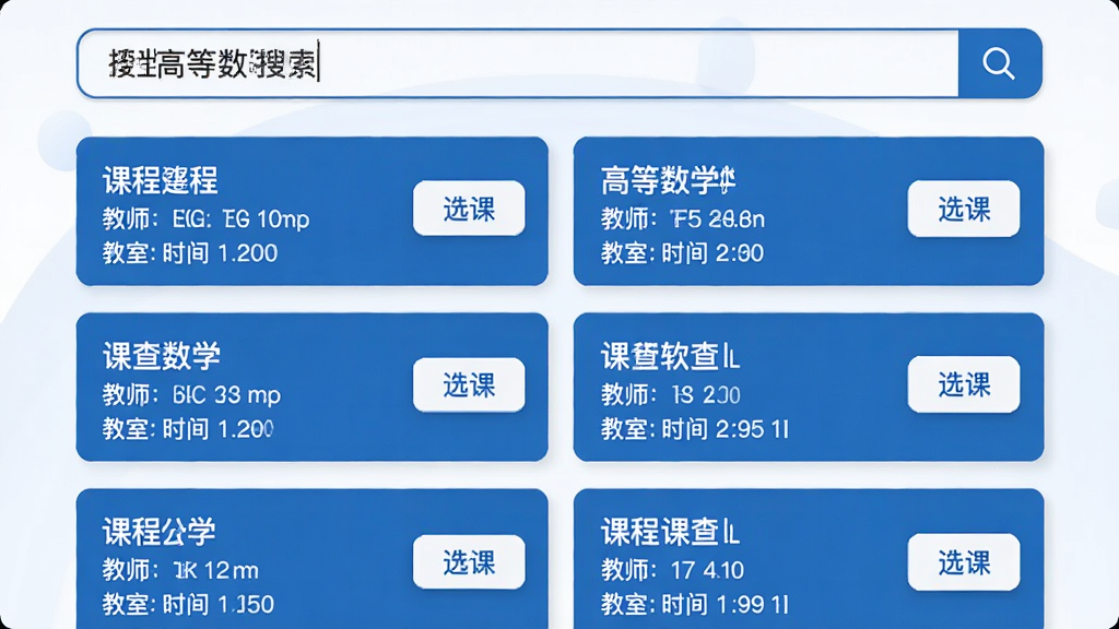 主体:课查查软件搜索功能界面,搜索框输入“高等数学”,下方显示多条课程卡片。布局:搜索框位于顶部,卡片列表垂直排列。排版:卡片式布局,每个卡片显示课程名、教师、教室和时间。风格:简洁商务风,蓝色主调。细节:卡片上有“选课”按钮,搜索框有放大镜图标。画质:清晰,干净无多余元素。