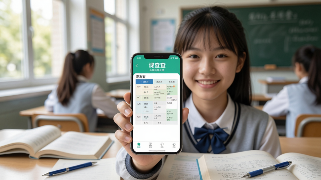 主体:课查查应用使用场景,学生手持手机查看课表,背景是校园教室。布局:学生居中,手机屏幕显示课表,周围有书本和笔。排版:画面和谐,突出手机屏幕。风格:写实摄影风,自然光线。细节:手机屏幕显示“课查查”界面,学生面带微笑。画质:高清,干净无多余元素。