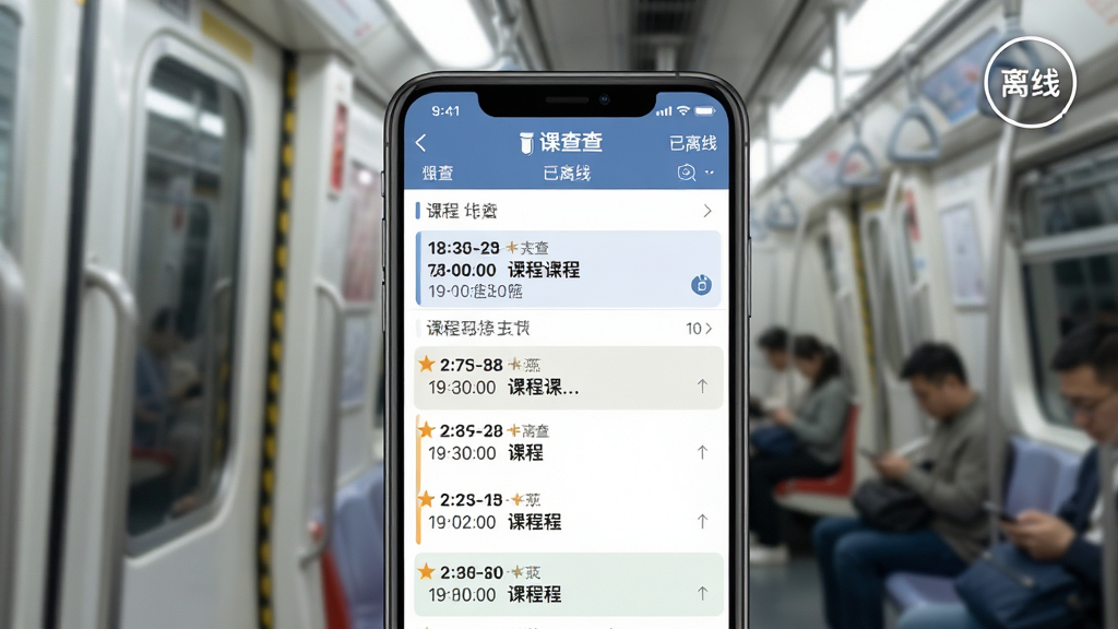 主体:课查查离线模式界面,手机屏幕显示课表,右上角有“离线”图标。布局:手机居中,背景为地铁车厢。排版:课表列表清晰,重点课程用星号标记。风格:写实风格,光线柔和。细节:手机屏幕上显示“已离线”,课程时间字体加粗。画质:高清,干净无多余元素。