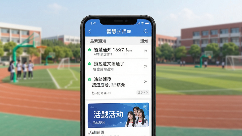 一张展示智慧长师App校园资讯页面的图片,主体为手机屏幕,显示最新通知列表和活动横幅,布局层次分明,排版美观,背景为校园操场,风格自然清新,细节真实,画质清晰,干净无多余元素