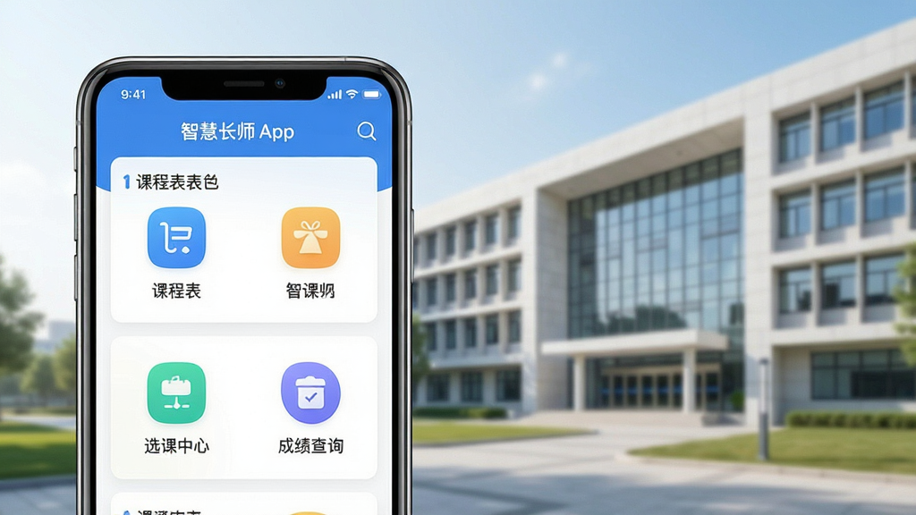 一张智慧长师App教学功能界面展示图,主体为手机屏幕截图,显示课程表、选课中心、成绩查询等图标,布局清晰,排版规整,背景为现代大学教学楼,风格简洁明亮,细节精细,画质高,干净无多余元素
