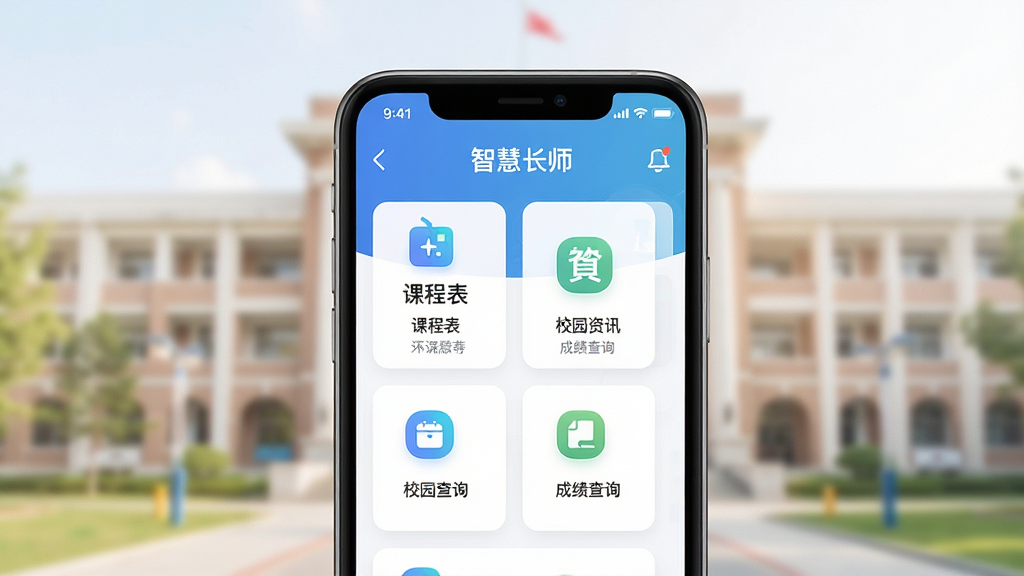 一张展示智慧长师App在手机屏幕上运行的界面预览图,主体为智能手机屏幕特写,屏幕上清晰显示智慧长师App主界面,包含课程表、校园资讯、成绩查询等模块图标,布局简洁明了,排版整齐,背景为浅色校园建筑虚化,整体风格现代清新,细节丰富,画质高清,干净无多余元素