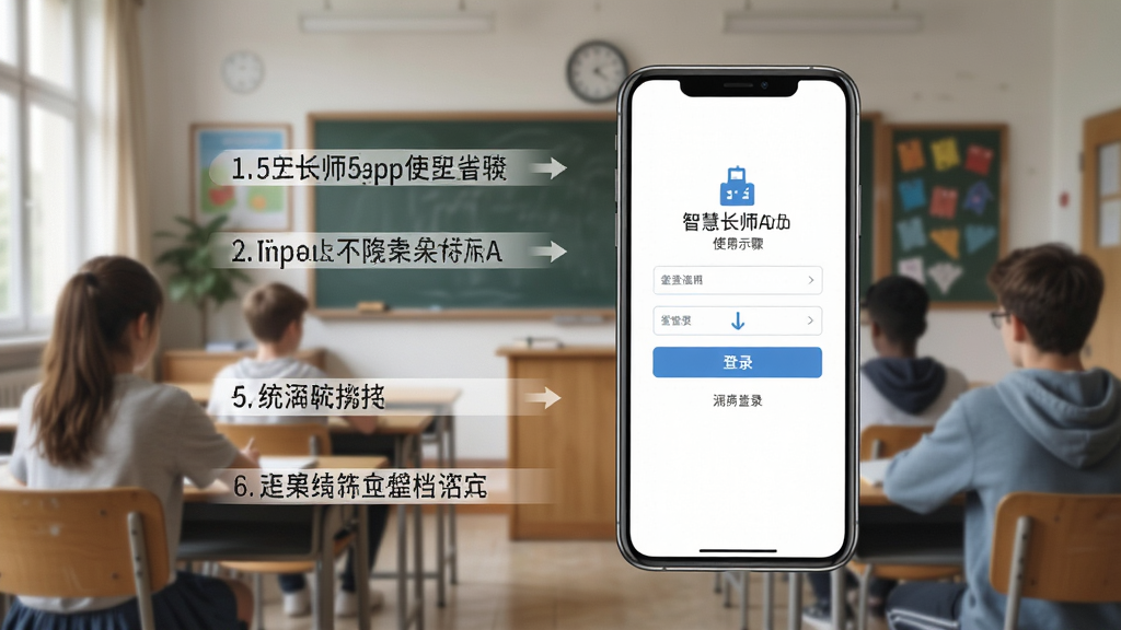 一张智慧长师App使用步骤示意图,主体为手机屏幕展示登录界面,旁边配有步骤说明文字,布局清晰,排版整齐,背景为教室场景,风格写实,细节丰富,画质高清,干净无多余元素