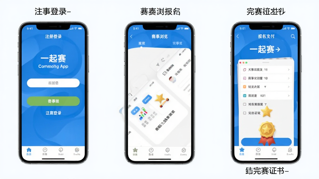一系列手机截图拼贴,展示“一起赛”App从注册登录、赛事浏览、报名支付到完赛证书的完整流程,每个步骤配以简单文字说明,整体布局清晰,色调统一,画质干净,无多余元素。