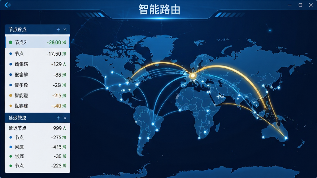 主体:快游智能加速软件界面显示全球节点地图,线条连接不同城市,高亮显示最优路径。布局:地图占主体,左侧是节点列表和延迟数据。排版:地图上方有“智能路由”标题。风格:科技感,蓝色调,线条流畅。细节:最优路径用金色高亮,延迟数值实时变动。画质:高清,干净,无多余元素。