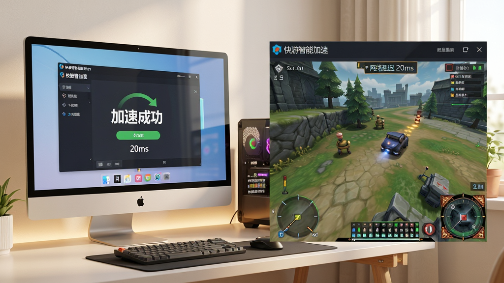 主体:电脑屏幕显示快游智能加速软件界面,旁边是游戏画面,背景是整洁的书桌。布局:左侧电脑屏幕,右侧是软件界面放大图。排版:软件界面显示“加速成功”字样。风格:写实,温馨,明亮。细节:网络延迟显示20ms,游戏画面流畅。画质:高清,干净,无多余元素。