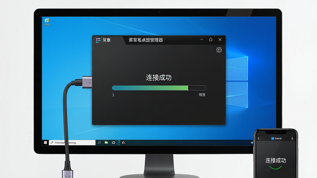 主体:“黑莓桌面管理器”运行在Windows电脑上,手机通过数据线连接,屏幕显示“连接成功”提示,布局:电脑屏幕居中,手机在右下角,排版:简洁,风格:科技感,细节:屏幕上有数据同步进度条,画质:高清,干净,无多余元素