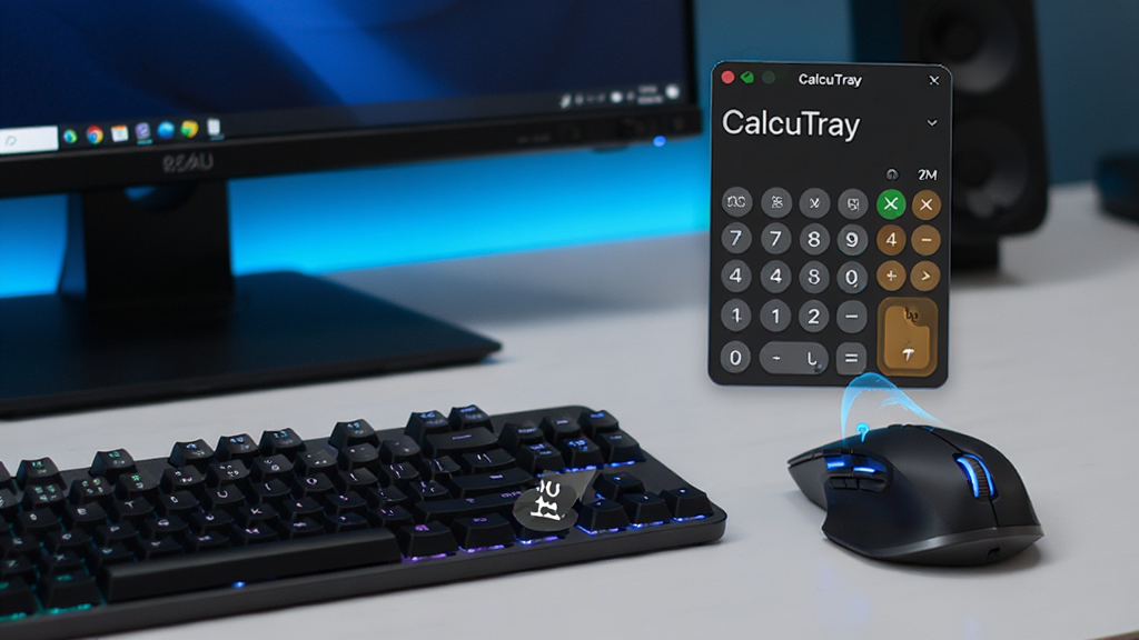 CalcuTray 极速唤起功能展示图,主体是键盘与鼠标特写,旁边电脑屏幕上显示出悬浮的 CalcuTray 计算器窗口,布局强调快捷操作,排版清晰,科技感风格,细节体现热键触发瞬间,画质锐利,干净无多余元素