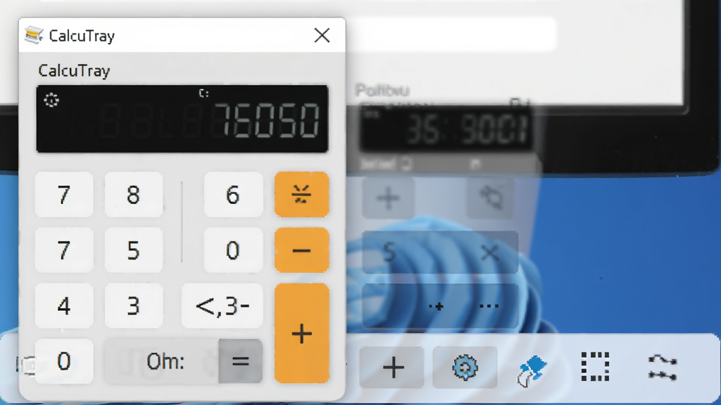 CalcuTray 系统托盘计算器软件主界面预览图,主体为电脑桌面右下角托盘区域悬浮着简约风格的计算器面板,布局干净,排版清晰,扁平化设计风格,细节包含数字按键与结果显示区,画质高清,干净无多余元素