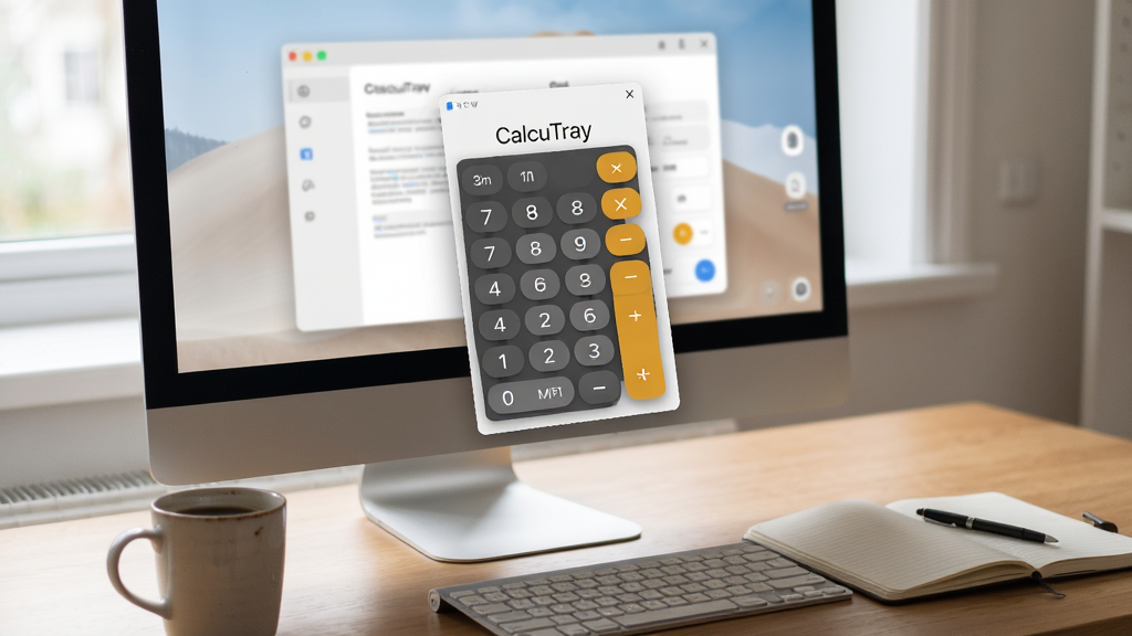CalcuTray 使用场景示意图,主体为办公桌上电脑屏幕显示悬浮计算器,旁边有咖啡杯与笔记本,布局生活化,排版自然,写实风格,细节体现软件在真实工作中的应用,画质柔和,干净无多余元素