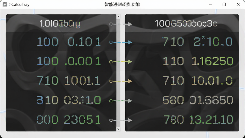 CalcuTray 智能进制转换功能截图,主体为软件主界面,显示二进制与十六进制数值转换结果,布局规整,排版有序,简洁界面风格,细节包含不同进制数值颜色区分,画质清晰,干净无多余元素