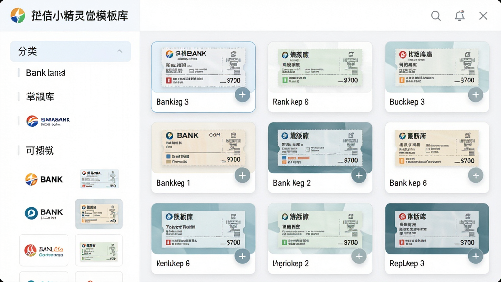 主体:支票打印小精灵的模板库界面,展示多家银行logo和票据缩略图。布局:左侧分类列表,右侧网格状展示模板卡片,每张卡片显示银行名称和票据类型。排版:卡片式布局,整齐有序,悬停效果明显。风格:清新商务,色彩柔和。画质:高清,干净,无多余元素。