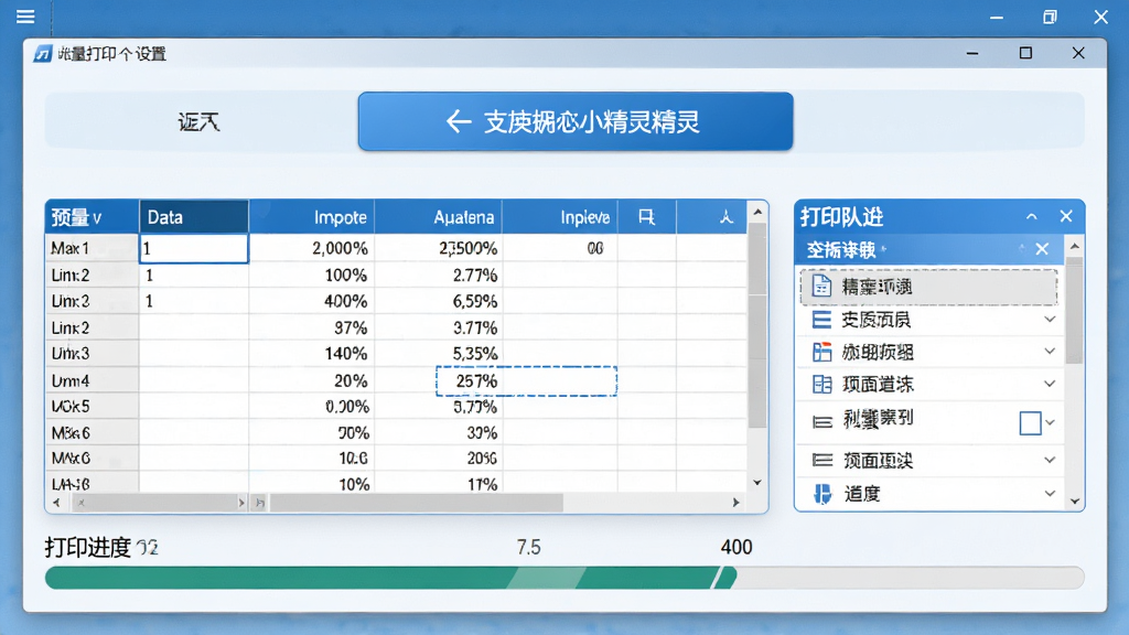 主体:支票打印小精灵的批量打印设置界面,展示Excel数据导入窗口和打印队列列表。布局:上方为数据导入按钮,中间为数据预览表格,下方为打印进度条。排版:信息分层清晰,操作按钮醒目。风格:现代简洁,蓝色主调。画质:高清,干净,无多余元素。