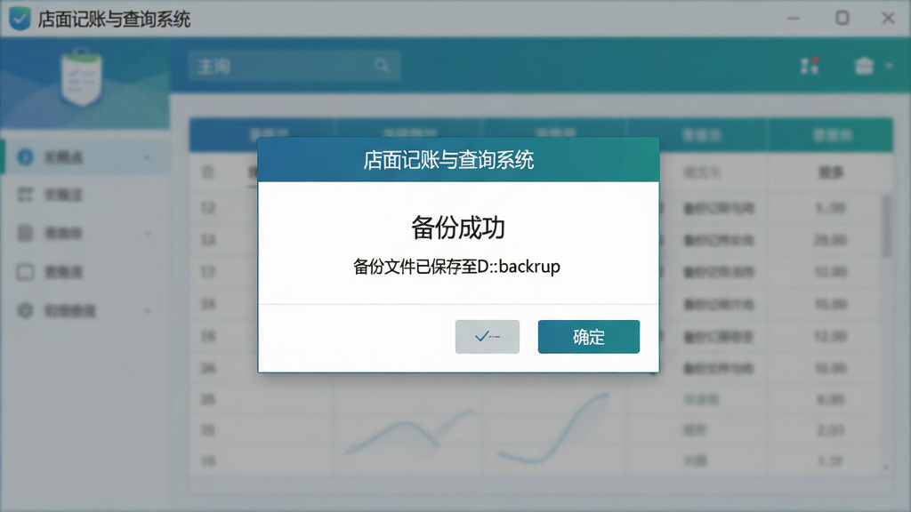 主体:店面记账与查询系统的数据备份界面,显示“备份成功”提示弹窗;布局:弹窗居中,背景为系统主界面;排版:弹窗简洁,有“确定”按钮;风格:商务风格,蓝绿色调;细节:弹窗中有“备份文件已保存至D:\backup”字样,弹窗上方有软件名称“店面记账与查询系统”;画质:高清,干净,无多余元素