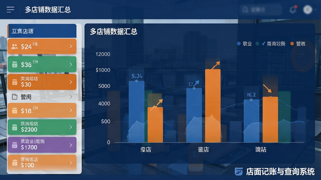主体:店面记账与查询系统的多店铺管理界面,显示多个店铺的营收对比柱状图;布局:左侧为店铺列表,右侧为汇总图表;排版:数据对比直观,颜色区分不同店铺;风格:现代商务,深蓝与橙色搭配;细节:图表上方有“多店铺数据汇总”标题,右下角有软件名称“店面记账与查询系统”;画质:高清,干净,无多余元素