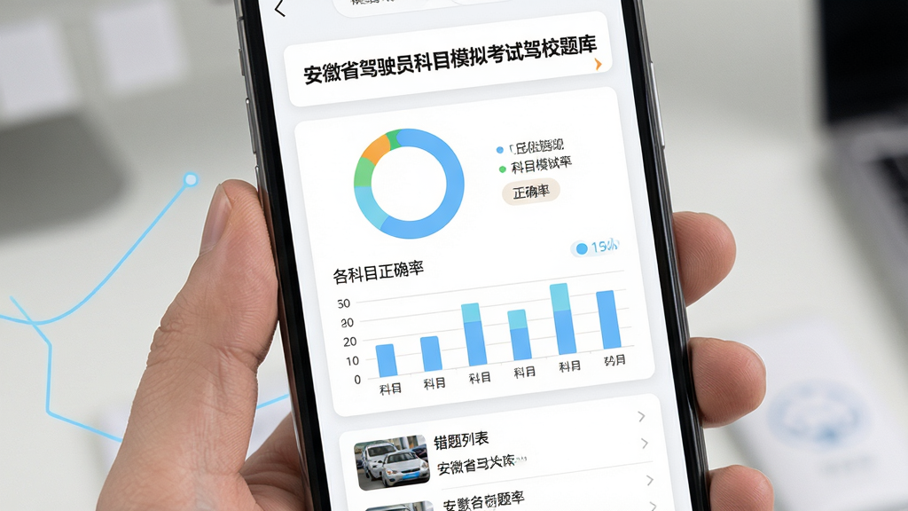 ��������Ϊ�ֻ���Ļչʾѧϰ����ҳ�棬����Ϊ������ʡ��ʻԱ��Ŀģ�⿼�Լ�У��⡱�������·�Ϊ����ͳ��ͼ����״ͼ����ʾ����Ŀ��ȷ�ʣ��ײ�Ϊ�����б�����ͼ�����ֲ������½ṹ������Ϊ��ɫ��Ƭ��񣬴���ǳ��ɫ�����������������Լ����ϸ�ھ��£����ʸ��壬�ɾ��޶���Ԫ�ء�