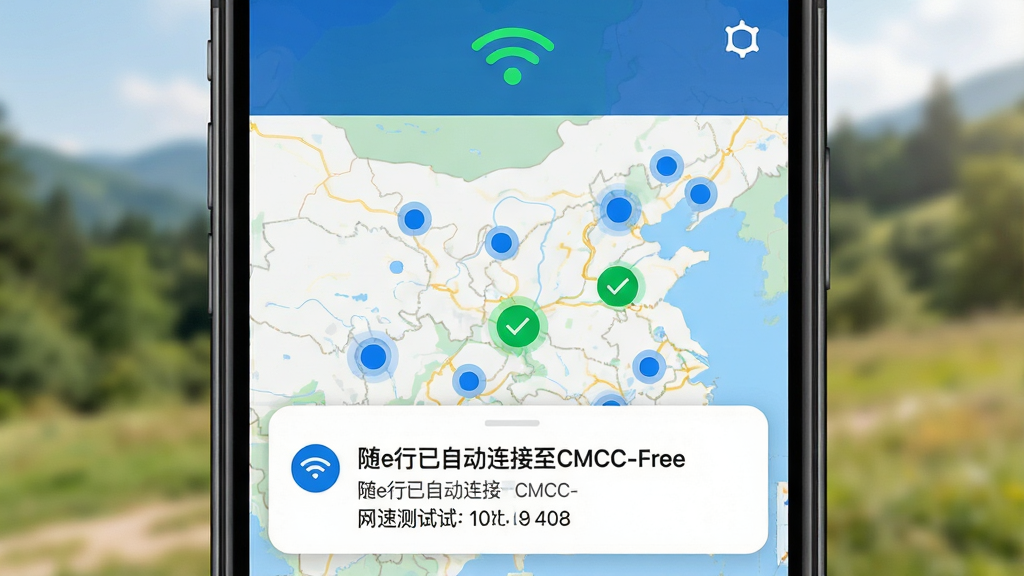 ���壺��e�������ڻ��ⳡ�����Զ������ȵ�Ľ��棬�ֻ�������ʾWi-Fi������ͼ�ꡣ���֣�������չʾ��ͼ�ϵ��ȵ�ֲ����ײ������Զ����ӳɹ���֪ͨ��Ƭ���Ű棺��ͼ������ɫԲ�����ȵ�λ�ã������ӵ��ȵ���ʾ��ɫ�Թ�����Ϣ��η����������ʵ������UI��ϣ��Ƽ���ʮ�㣬ɫ�����ޡ�ϸ�ڣ�֪ͨ��Ƭ����ʾ����e�����Զ�������CMCC-Free�����������ٲ��Խ�������廭��ɾ��޶���Ԫ�ء����ʣ�����ϸ�壬������Ȼ���޶���Ԫ�ء�