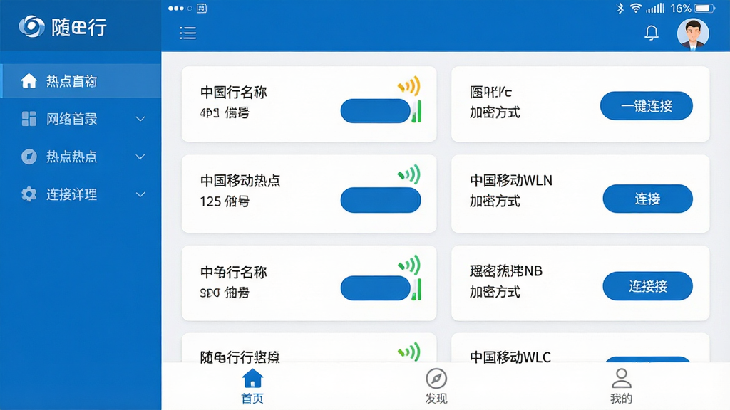 ���壺��e�����������棬չʾ�Ÿ������õ��й��ƶ�WLAN�ȵ��б����ź�ǿ��ͼ�������ɼ������֣��������Ϊ���ܵ��������Ҳ�Ϊ�ȵ��������򣬶�����ʾ����״̬���û�ͷ���Ű棺�б����ÿ�Ƭʽ���֣�ÿ���ȵ㿨Ƭ�������ơ��źš����ܷ�ʽ�����Ӱ�ť�����������������򡣷���ִ���ƽ����ƣ����й��ƶ�����ɫΪ��ɫ�������԰�ɫ�������Ӿ��������졣ϸ�ڣ��ȵ㿨Ƭ���С�һ�����ӡ�����Ŀ��ť���ײ���������������ҳ���������֡������ҵġ�����ѡ�������UI�ɾ��޶���Ԫ�ء����ʣ�������Ⱦ��ɫ�ʱ������޶���Ԫ�ء�