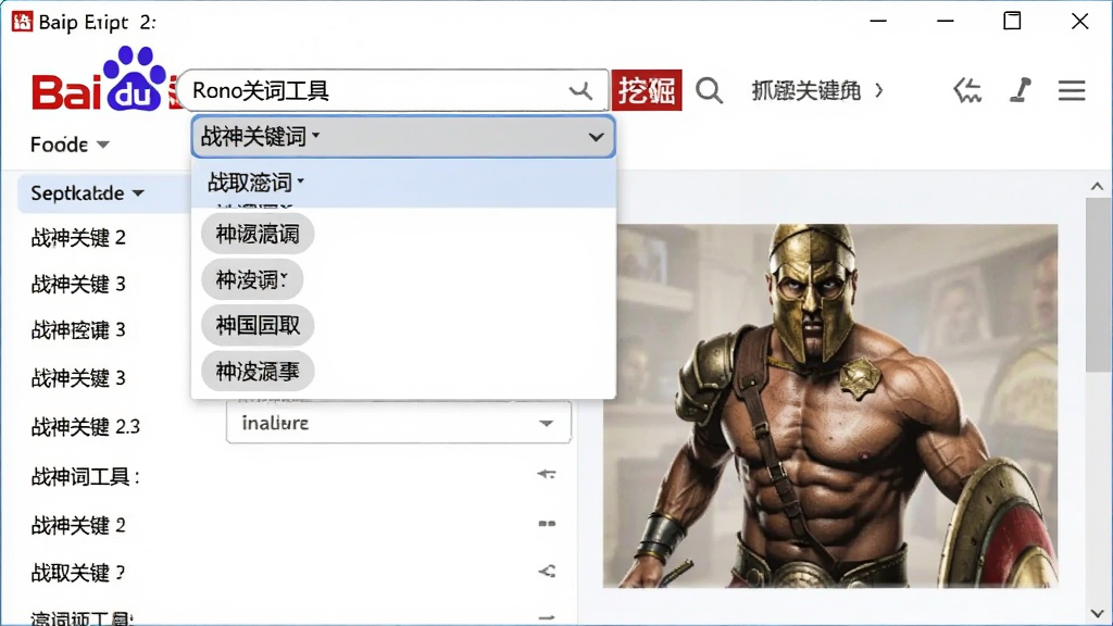 战神关键词工具下拉词挖掘界面,模拟百度搜索框出现下拉列表,软件窗口内展示抓取到的相关词列表,浅色界面,图文结合,画质清晰,无多余元素